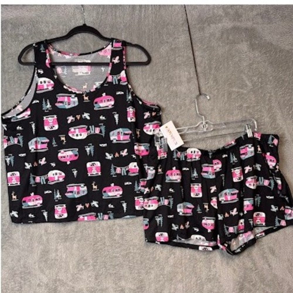 Joyspun‎ Women's Black Camper Print Tank and Short Pajama Set Size XL